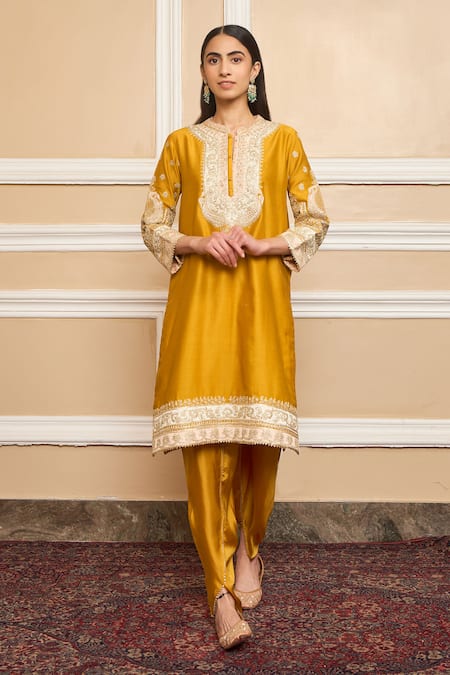 Sheetal Batra Yellow Silk, Chanderi Myreen Kashmiri Tilla Embroidered Kurta And Dhoti Pant Set Online at Aza Fashions Sheetal Batra_Yellow Silk, Chanderi Myreen Kashmiri Tilla Embroidered Kurta And Dhoti Pant Set _Online_at_Aza_Fashions