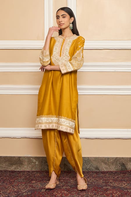Buy Sheetal Batra Yellow Silk, Chanderi Myreen Kashmiri Tilla Embroidered Kurta And Dhoti Pant Set Online at Aza Fashions Buy_Sheetal Batra_Yellow Silk, Chanderi Myreen Kashmiri Tilla Embroidered Kurta And Dhoti Pant Set _Online_at_Aza_Fashions