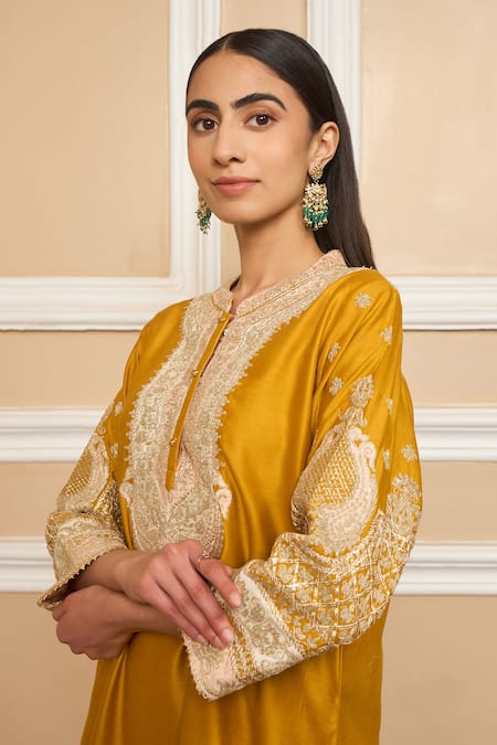 Shop Sheetal Batra Yellow Silk, Chanderi Myreen Kashmiri Tilla Embroidered Kurta And Dhoti Pant Set Online at Aza Fashions Shop_Sheetal Batra_Yellow Silk, Chanderi Myreen Kashmiri Tilla Embroidered Kurta And Dhoti Pant Set _Online_at_Aza_Fashions