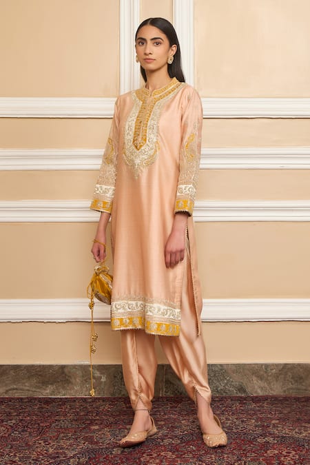 Sheetal Batra_Pink Silk, Chanderi Embroidery, Gota Myreen Work Short Kurta And Dhoti Pant Set _Online_at_Aza_Fashions