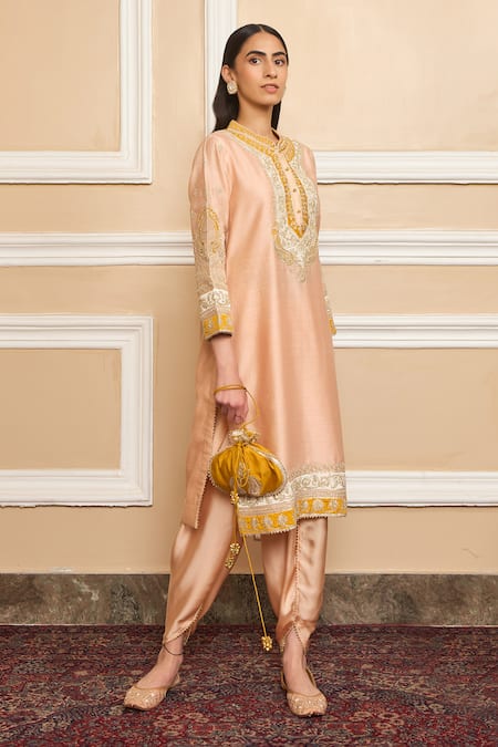 Buy_Sheetal Batra_Pink Silk, Chanderi Embroidery, Gota Myreen Work Short Kurta And Dhoti Pant Set _Online_at_Aza_Fashions