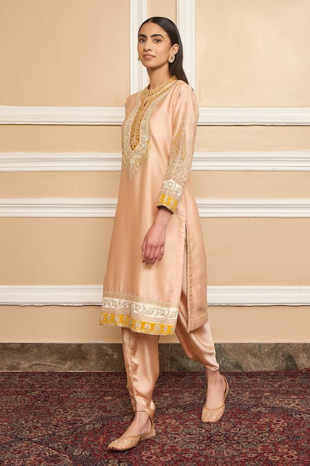 Shop_Sheetal Batra_Pink Silk, Chanderi Embroidery, Gota Myreen Work Short Kurta And Dhoti Pant Set _Online_at_Aza_Fashions