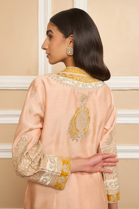 Sheetal Batra_Pink Silk, Chanderi Embroidery, Gota Myreen Work Short Kurta And Dhoti Pant Set _at_Aza_Fashions