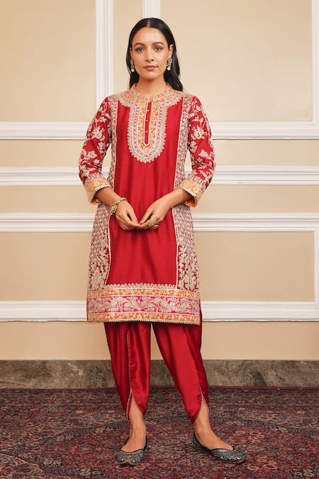 Sheetal Batra Red Kurta Silk Chanderi Embroidery Mehnoor Applique Work And Dhoti Pant Set