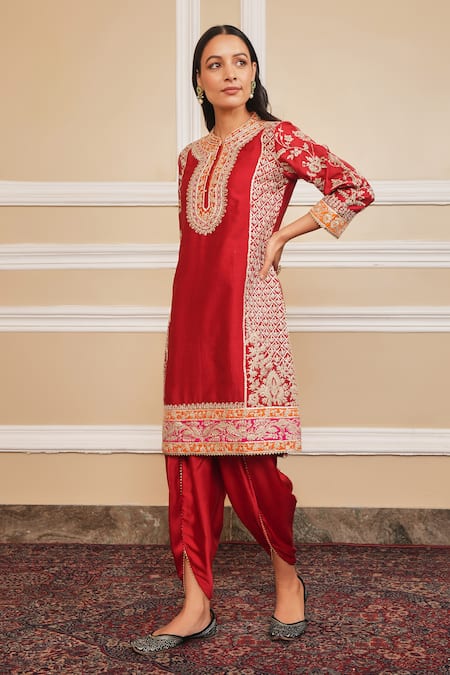 Sheetal Batra_Red Silk, Chanderi, Bamboo Gota Mehnoor Applique Work Kurta And Dhoti Pant Set _Online_at_Aza_Fashions