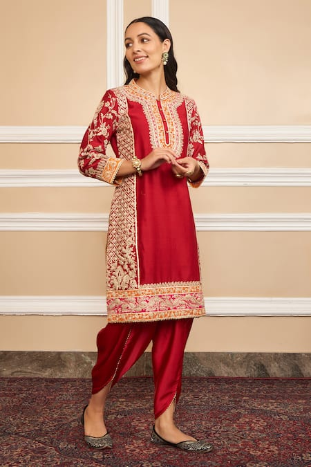 Buy_Sheetal Batra_Red Silk, Chanderi, Bamboo Gota Mehnoor Applique Work Kurta And Dhoti Pant Set _Online_at_Aza_Fashions