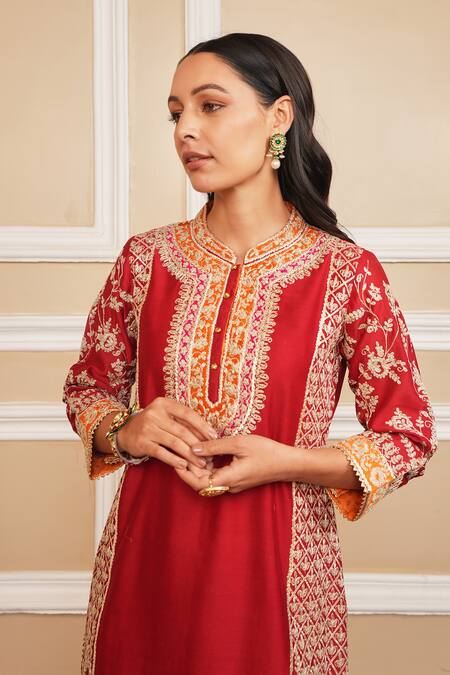 Shop_Sheetal Batra_Red Silk, Chanderi, Bamboo Gota Mehnoor Applique Work Kurta And Dhoti Pant Set _Online_at_Aza_Fashions