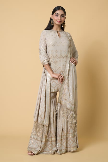Nakul Sen Grey 100% Silk Chiffon Embroidered Sequins Round Kurta Gharara Set
