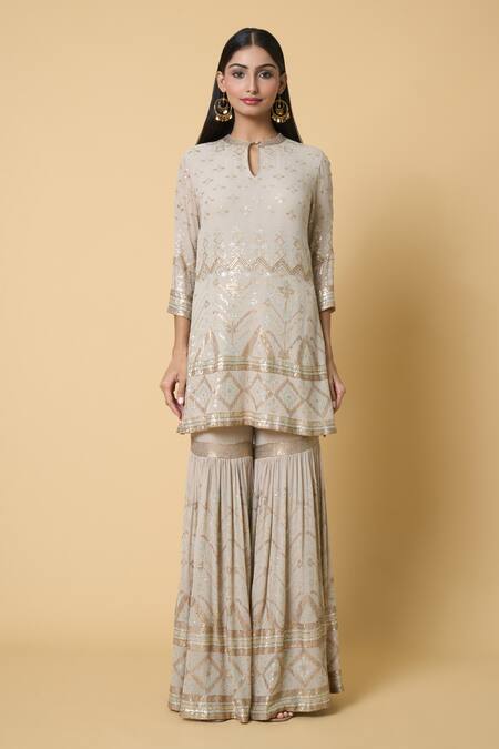 Nakul Sen Grey Silk Sequins Round Neck Embroidered Kurta Gharara Set Online at Aza Fashions Nakul Sen_Grey Silk Sequins Round Neck Embroidered Kurta Gharara Set _Online_at_Aza_Fashions