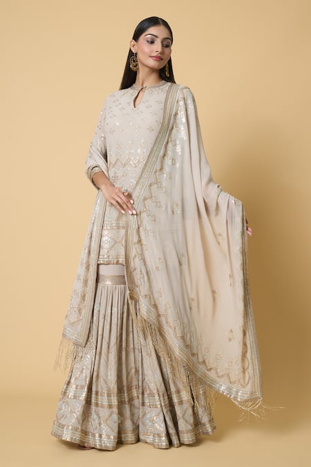 Buy Nakul Sen Grey Silk Sequins Round Neck Embroidered Kurta Gharara Set Online at Aza Fashions Buy_Nakul Sen_Grey Silk Sequins Round Neck Embroidered Kurta Gharara Set _Online_at_Aza_Fashions