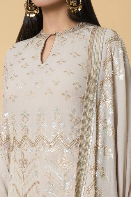 Shop Nakul Sen Grey Silk Sequins Round Neck Embroidered Kurta Gharara Set Online at Aza Fashions Shop_Nakul Sen_Grey Silk Sequins Round Neck Embroidered Kurta Gharara Set _Online_at_Aza_Fashions