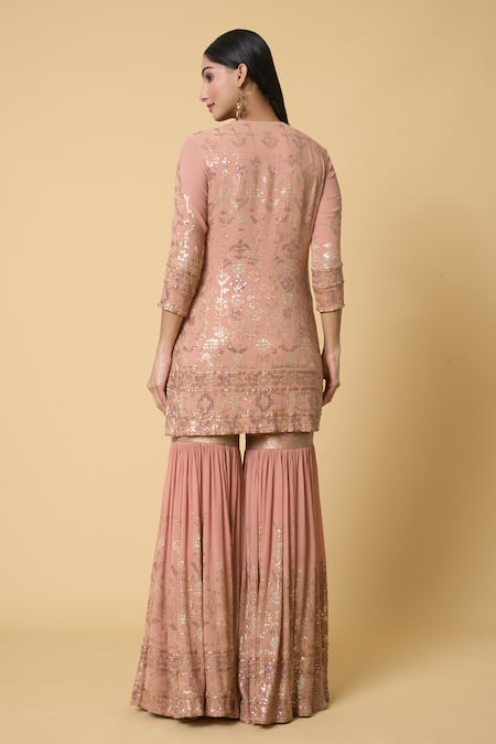 Shop Nakul Sen Pink Silk, Chiffon Sequins Round Neck Floral Embroidered Kurta Gharara Set at Aza Fashions Shop_Nakul Sen_Pink Silk, Chiffon Sequins Round Neck Floral Embroidered Kurta Gharara Set _at_Aza_Fashions