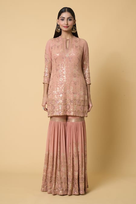 Nakul Sen Pink Silk, Chiffon Sequins Round Neck Floral Embroidered Kurta Gharara Set Online at Aza Fashions Nakul Sen_Pink Silk, Chiffon Sequins Round Neck Floral Embroidered Kurta Gharara Set _Online_at_Aza_Fashions