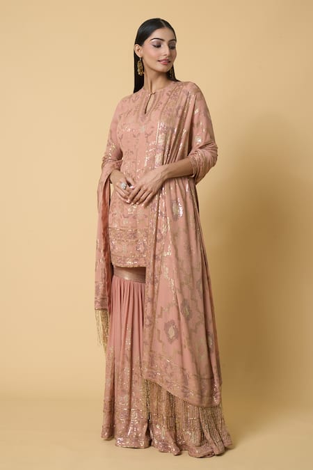 Buy Nakul Sen Pink Silk, Chiffon Sequins Round Neck Floral Embroidered Kurta Gharara Set Online at Aza Fashions Buy_Nakul Sen_Pink Silk, Chiffon Sequins Round Neck Floral Embroidered Kurta Gharara Set _Online_at_Aza_Fashions