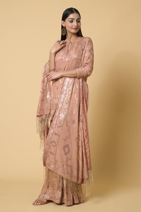 Shop Nakul Sen Pink Silk, Chiffon Sequins Round Neck Floral Embroidered Kurta Gharara Set Online at Aza Fashions Shop_Nakul Sen_Pink Silk, Chiffon Sequins Round Neck Floral Embroidered Kurta Gharara Set _Online_at_Aza_Fashions