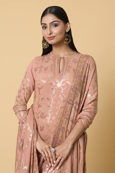 Nakul Sen Pink Silk, Chiffon Sequins Round Neck Floral Embroidered Kurta Gharara Set at Aza Fashions Nakul Sen_Pink Silk, Chiffon Sequins Round Neck Floral Embroidered Kurta Gharara Set _at_Aza_Fashions