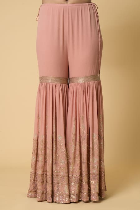 Buy Nakul Sen Pink Silk, Chiffon Sequins Round Neck Floral Embroidered Kurta Gharara Set Buy_Nakul Sen_Pink Silk, Chiffon Sequins Round Neck Floral Embroidered Kurta Gharara Set