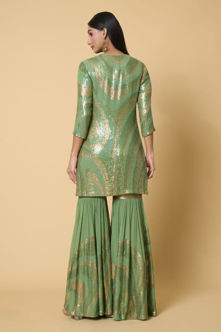 Shop Nakul Sen Green Silk, Chiffon Sequins Round Neck Short Kurta Gharara Set at Aza Fashions Shop_Nakul Sen_Green Silk, Chiffon Sequins Round Neck Short Kurta Gharara Set _at_Aza_Fashions