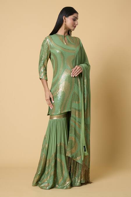 Nakul Sen Green Silk, Chiffon Sequins Round Neck Short Kurta Gharara Set Online at Aza Fashions Nakul Sen_Green Silk, Chiffon Sequins Round Neck Short Kurta Gharara Set _Online_at_Aza_Fashions