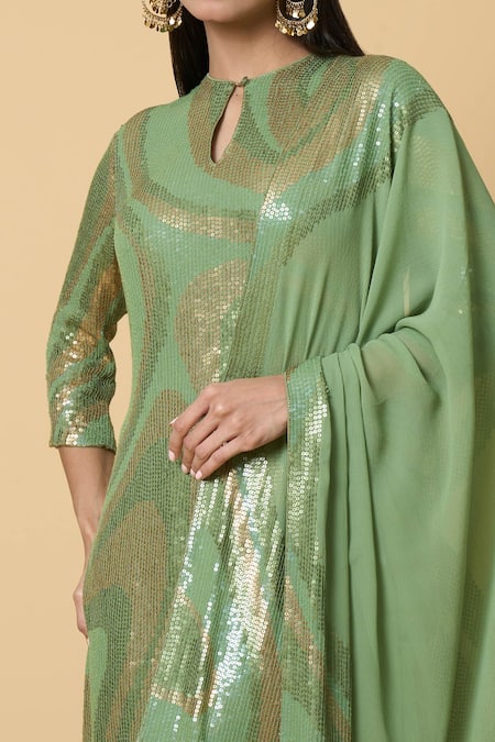Buy Nakul Sen Green Silk, Chiffon Sequins Round Neck Short Kurta Gharara Set Online at Aza Fashions Buy_Nakul Sen_Green Silk, Chiffon Sequins Round Neck Short Kurta Gharara Set _Online_at_Aza_Fashions