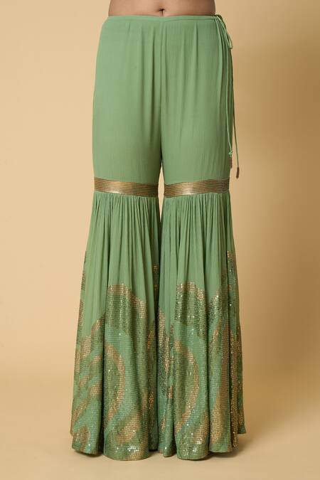 Shop Nakul Sen Green Silk, Chiffon Sequins Round Neck Short Kurta Gharara Set Online at Aza Fashions Shop_Nakul Sen_Green Silk, Chiffon Sequins Round Neck Short Kurta Gharara Set _Online_at_Aza_Fashions