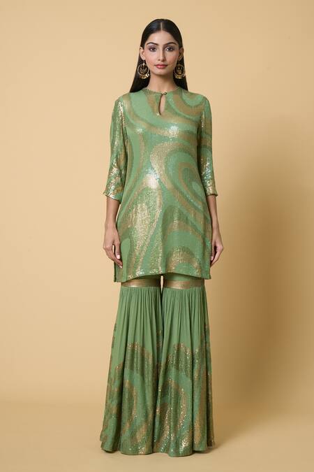 Nakul Sen Green Silk, Chiffon Sequins Round Neck Short Kurta Gharara Set at Aza Fashions Nakul Sen_Green Silk, Chiffon Sequins Round Neck Short Kurta Gharara Set _at_Aza_Fashions