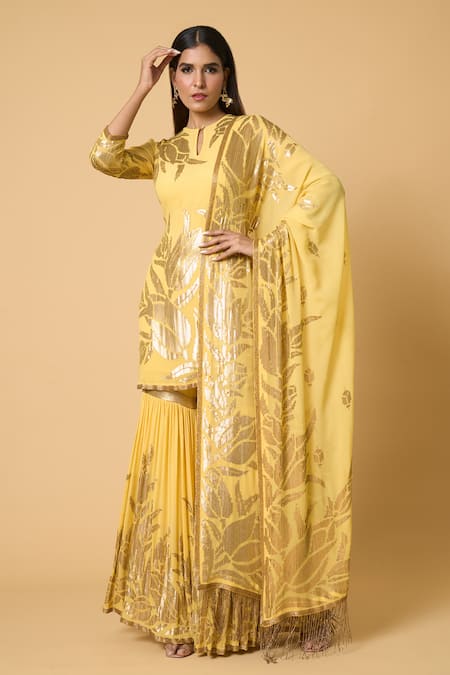 Nakul Sen Yellow 100% Silk Chiffon Embroidered Sequins Round Lotus Kurta Gharara Set 