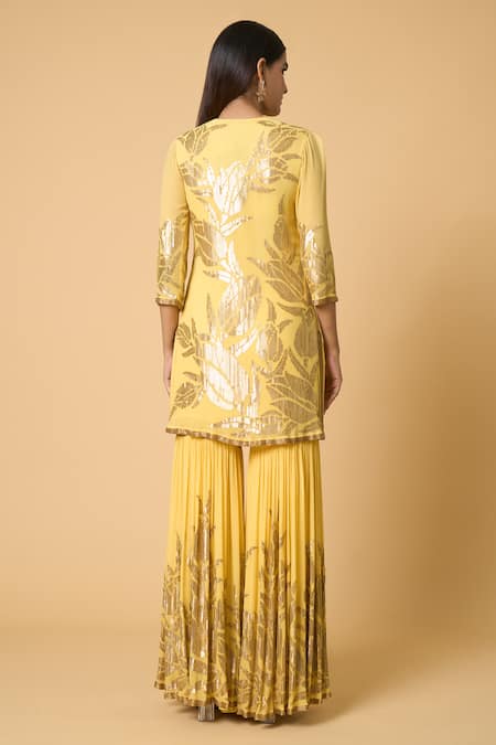 Shop Nakul Sen Yellow Silk Sequins Round Neck Lotus Embroidered Kurta Gharara Set at Aza Fashions Shop_Nakul Sen_Yellow Silk Sequins Round Neck Lotus Embroidered Kurta Gharara Set _at_Aza_Fashions