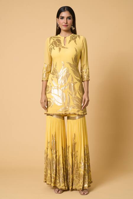 Nakul Sen Yellow Silk Sequins Round Neck Lotus Embroidered Kurta Gharara Set Online at Aza Fashions Nakul Sen_Yellow Silk Sequins Round Neck Lotus Embroidered Kurta Gharara Set _Online_at_Aza_Fashions
