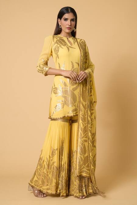 Buy Nakul Sen Yellow Silk Sequins Round Neck Lotus Embroidered Kurta Gharara Set Online at Aza Fashions Buy_Nakul Sen_Yellow Silk Sequins Round Neck Lotus Embroidered Kurta Gharara Set _Online_at_Aza_Fashions