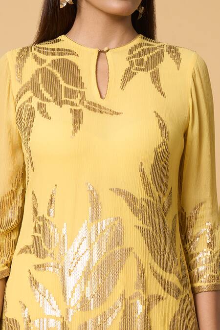 Nakul Sen Yellow Silk Sequins Round Neck Lotus Embroidered Kurta Gharara Set at Aza Fashions Nakul Sen_Yellow Silk Sequins Round Neck Lotus Embroidered Kurta Gharara Set _at_Aza_Fashions