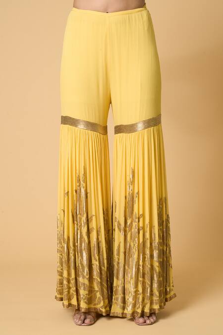 Buy Nakul Sen Yellow Silk Sequins Round Neck Lotus Embroidered Kurta Gharara Set Buy_Nakul Sen_Yellow Silk Sequins Round Neck Lotus Embroidered Kurta Gharara Set