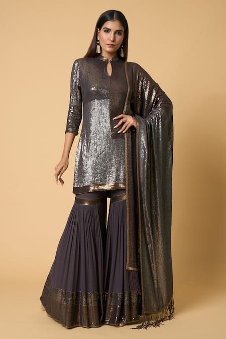 Nakul Sen Grey 100% Silk Chiffon Embroidered Sequins Stand Color Block Kurta Gharara Set