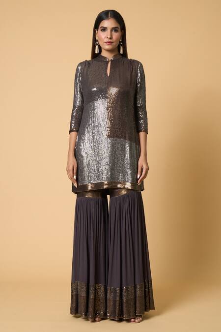 Nakul Sen Grey Silk, Chiffon Sequins Mandarin Collar, Color Block Kurta Gharara Set Online at Aza Fashions Nakul Sen_Grey Silk, Chiffon Sequins Mandarin Collar, Color Block Kurta Gharara Set _Online_at_Aza_Fashions