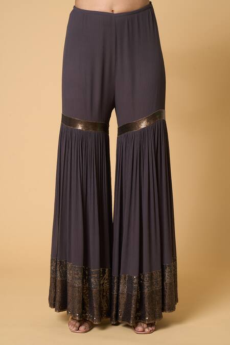 Buy Nakul Sen Grey Silk, Chiffon Sequins Mandarin Collar, Color Block Kurta Gharara Set Online at Aza Fashions Buy_Nakul Sen_Grey Silk, Chiffon Sequins Mandarin Collar, Color Block Kurta Gharara Set _Online_at_Aza_Fashions