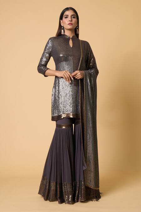 Shop Nakul Sen Grey Silk, Chiffon Sequins Mandarin Collar, Color Block Kurta Gharara Set Online at Aza Fashions Shop_Nakul Sen_Grey Silk, Chiffon Sequins Mandarin Collar, Color Block Kurta Gharara Set _Online_at_Aza_Fashions