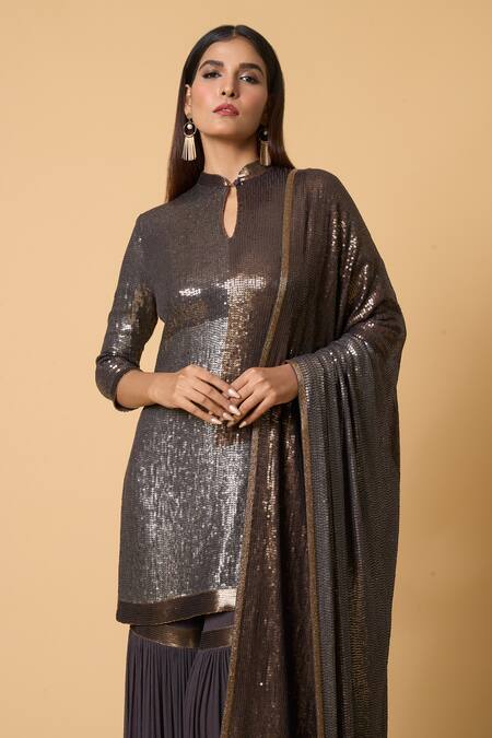 Nakul Sen Grey Silk, Chiffon Sequins Mandarin Collar, Color Block Kurta Gharara Set at Aza Fashions Nakul Sen_Grey Silk, Chiffon Sequins Mandarin Collar, Color Block Kurta Gharara Set _at_Aza_Fashions