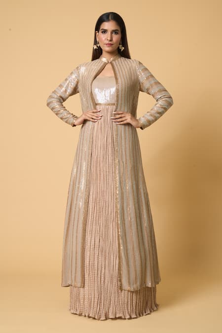 Nakul Sen Striped Sequin Jacket With Anarkali Set 