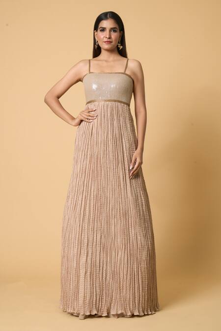 Nakul Sen Beige Silk Sequins Square Neck, Mandarin Striped Jacket With Anarkali Set Online at Aza Fashions Nakul Sen_Beige Silk Sequins Square Neck, Mandarin Striped Jacket With Anarkali Set _Online_at_Aza_Fashions