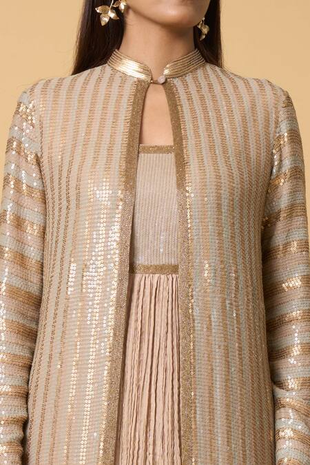 Buy Nakul Sen Beige Silk Sequins Square Neck, Mandarin Striped Jacket With Anarkali Set Online at Aza Fashions Buy_Nakul Sen_Beige Silk Sequins Square Neck, Mandarin Striped Jacket With Anarkali Set _Online_at_Aza_Fashions