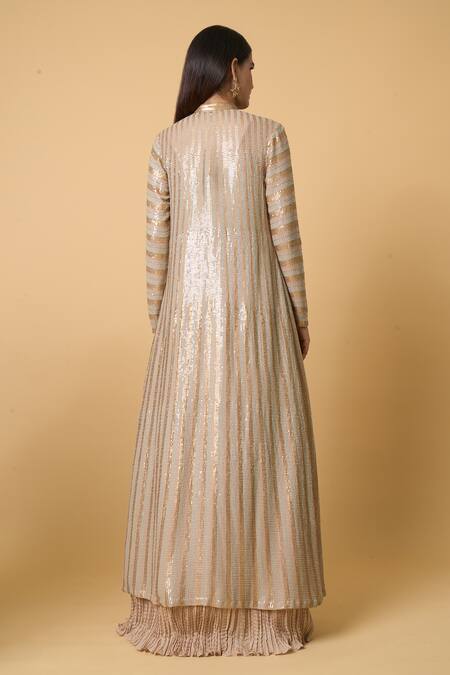 Shop Nakul Sen Beige Silk Sequins Square Neck, Mandarin Striped Jacket With Anarkali Set Online at Aza Fashions Shop_Nakul Sen_Beige Silk Sequins Square Neck, Mandarin Striped Jacket With Anarkali Set _Online_at_Aza_Fashions