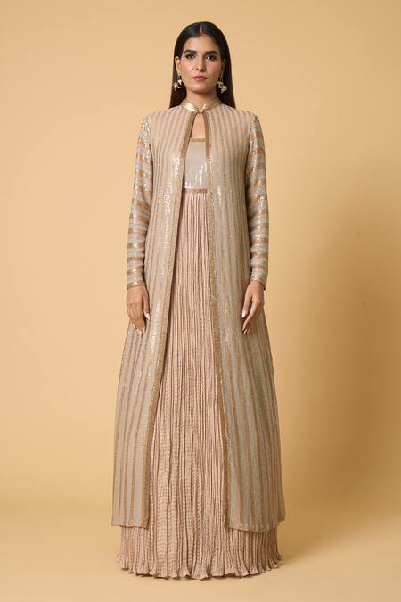 Buy Nakul Sen Beige Silk Sequins Square Neck, Mandarin Striped Jacket With Anarkali Set Buy_Nakul Sen_Beige Silk Sequins Square Neck, Mandarin Striped Jacket With Anarkali Set