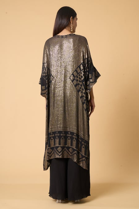 Shop Nakul Sen Black Silk, Chiffon Sequins, Diamonds V-neck Pattern Kaftan Palazzo Set at Aza Fashions Shop_Nakul Sen_Black Silk, Chiffon Sequins, Diamonds V-neck Pattern Kaftan Palazzo Set _at_Aza_Fashions
