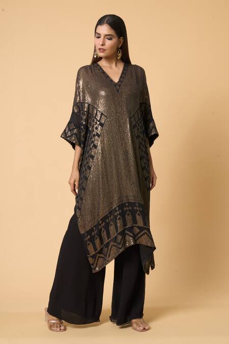 Shop Nakul Sen Black Silk, Chiffon Sequins, Diamonds V-neck Pattern Kaftan Palazzo Set Online at Aza Fashions Shop_Nakul Sen_Black Silk, Chiffon Sequins, Diamonds V-neck Pattern Kaftan Palazzo Set _Online_at_Aza_Fashions