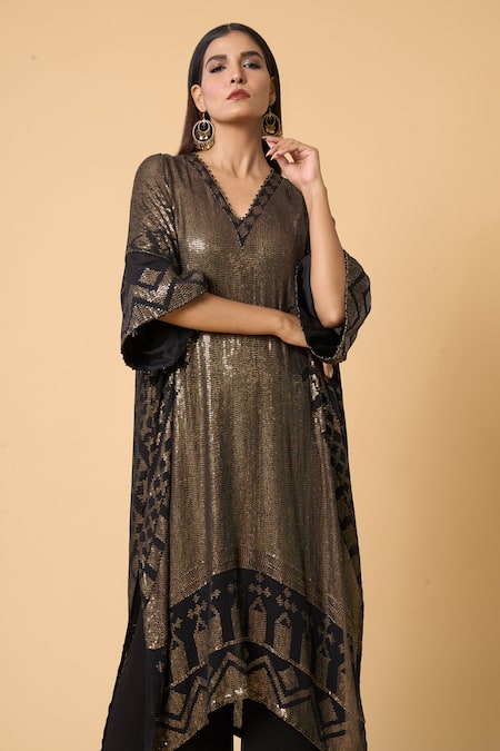 Nakul Sen Black Silk, Chiffon Sequins, Diamonds V-neck Pattern Kaftan Palazzo Set at Aza Fashions Nakul Sen_Black Silk, Chiffon Sequins, Diamonds V-neck Pattern Kaftan Palazzo Set _at_Aza_Fashions