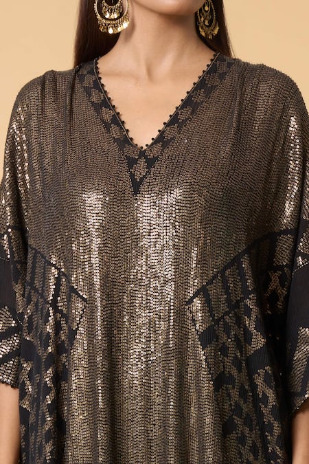 Buy Nakul Sen Black Silk, Chiffon Sequins, Diamonds V-neck Pattern Kaftan Palazzo Set Buy_Nakul Sen_Black Silk, Chiffon Sequins, Diamonds V-neck Pattern Kaftan Palazzo Set