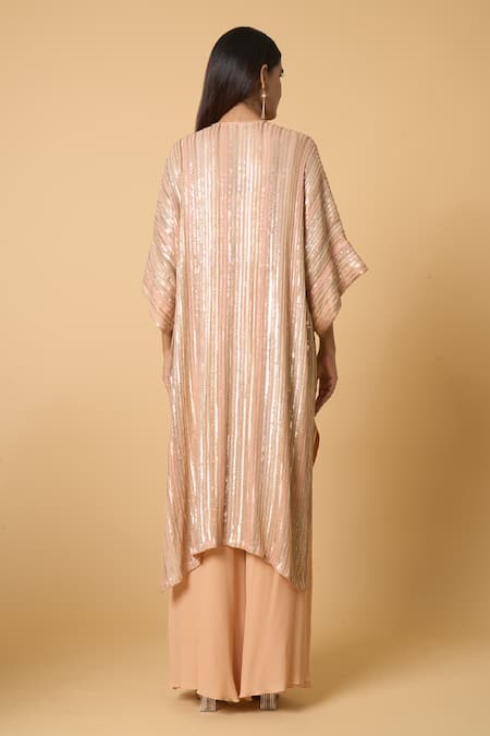Shop Nakul Sen Peach Chiffon, Silk Beads V-neck Striped Pattern Sequined Kaftan Palazzo Set at Aza Fashions Shop_Nakul Sen_Peach Chiffon, Silk Beads V-neck Striped Pattern Sequined Kaftan Palazzo Set _at_Aza_Fashions