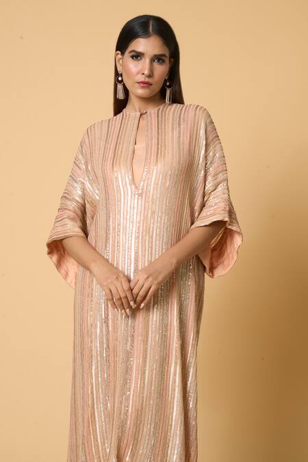 Buy Nakul Sen Peach Chiffon, Silk Beads V-neck Striped Pattern Sequined Kaftan Palazzo Set Online at Aza Fashions Buy_Nakul Sen_Peach Chiffon, Silk Beads V-neck Striped Pattern Sequined Kaftan Palazzo Set _Online_at_Aza_Fashions