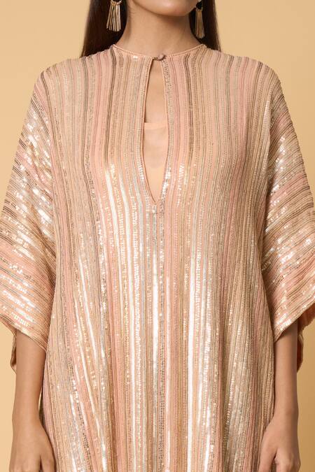 Shop Nakul Sen Peach Chiffon, Silk Beads V-neck Striped Pattern Sequined Kaftan Palazzo Set Online at Aza Fashions Shop_Nakul Sen_Peach Chiffon, Silk Beads V-neck Striped Pattern Sequined Kaftan Palazzo Set _Online_at_Aza_Fashions