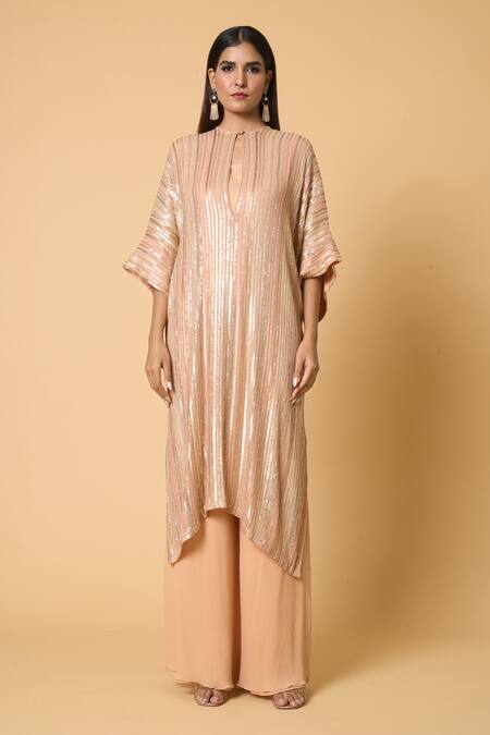 Nakul Sen Peach Chiffon, Silk Beads V-neck Striped Pattern Sequined Kaftan Palazzo Set at Aza Fashions Nakul Sen_Peach Chiffon, Silk Beads V-neck Striped Pattern Sequined Kaftan Palazzo Set _at_Aza_Fashions